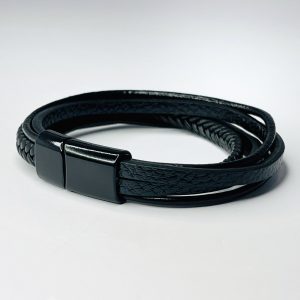 Multi-Layer Black Leather Bracelet with Stainless Steel Magnetic-Clasp for Men &  Women