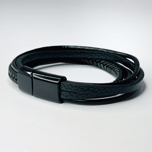 Multi-Layer Black Leather Bracelet with Stainless Steel Magnetic-Clasp for Men &  Women