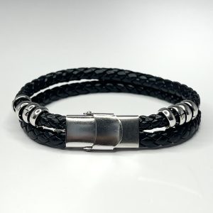 Multilayered Black Bracelet for Men with Stainless Steel Clasps