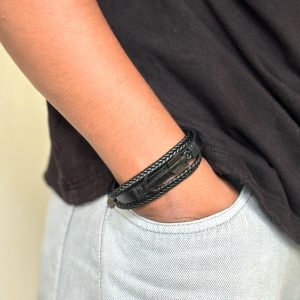 Black Three Layer Braided Bracelet Leather
