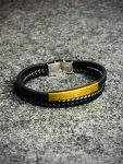 Men’s black braided leather bracelet with gold-toned metal bar
