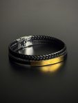 Men’s black braided leather bracelet with gold-toned metal bar