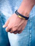 Men’s black braided leather bracelet with gold-toned metal bar