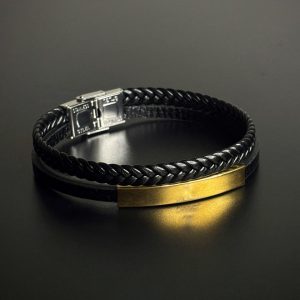 Men’s black braided leather bracelet with gold-toned metal bar