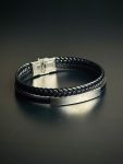 Men’s black braided leather bracelet with silver-toned metal bar