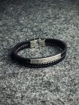 Men’s black braided leather bracelet with silver-toned metal bar