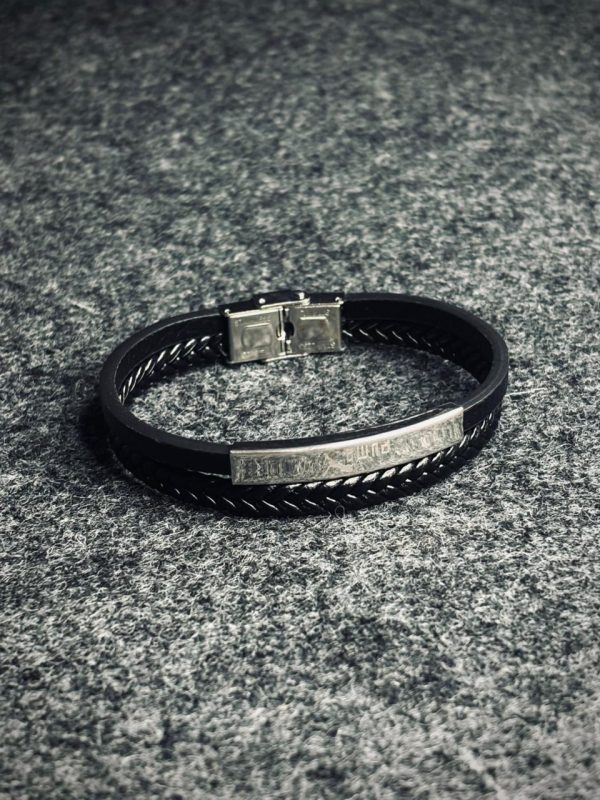 Men’s black braided leather bracelet with silver-toned metal bar