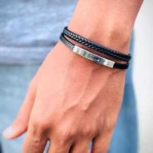 Men’s black braided leather bracelet with silver-toned metal bar