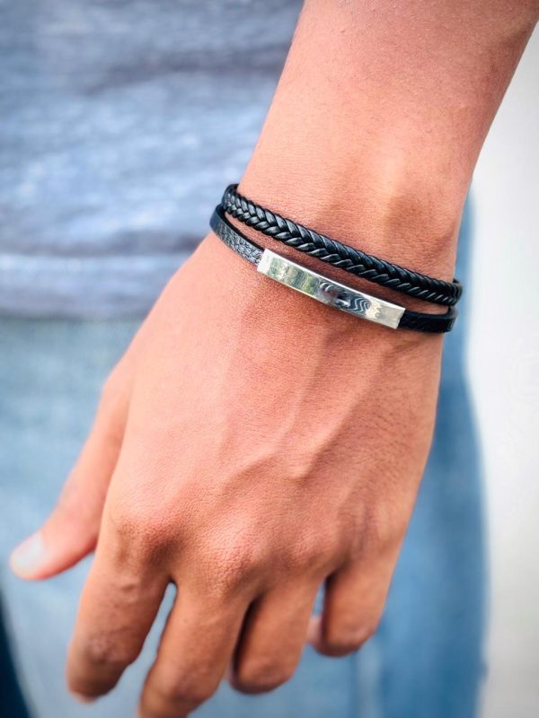 Men’s black braided leather bracelet with silver-toned metal bar