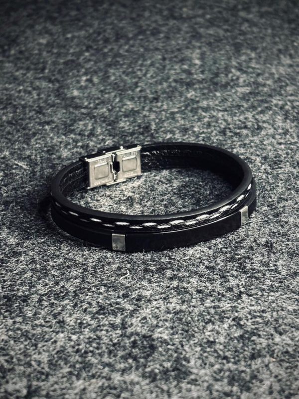Black 2 layer Leather Bracelet With Stich Design