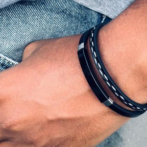 Black 2 layer Leather Bracelet With Stich Design