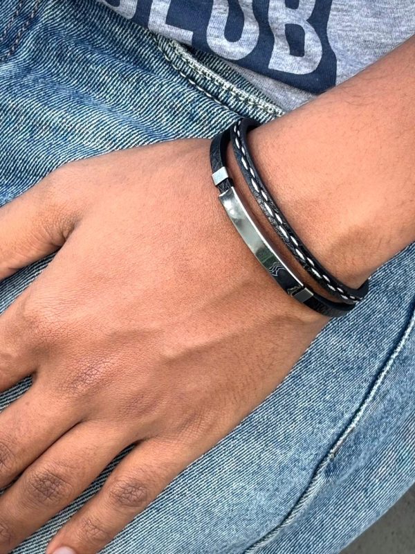 Black 2 layer Leather Bracelet With Stich Design