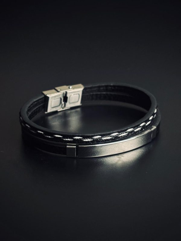 Black 2 layer Leather Bracelet With Stich Design
