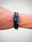 3 layer black leather bracelet with bead accents ( black bar )
