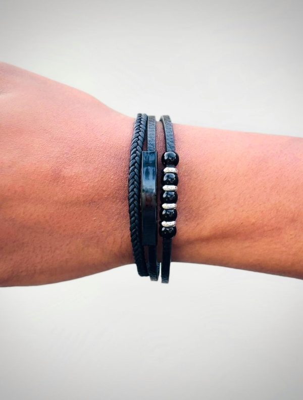 3 layer black leather bracelet with bead accents ( black bar )