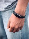 3 layer black leather bracelet with bead accents ( black bar )
