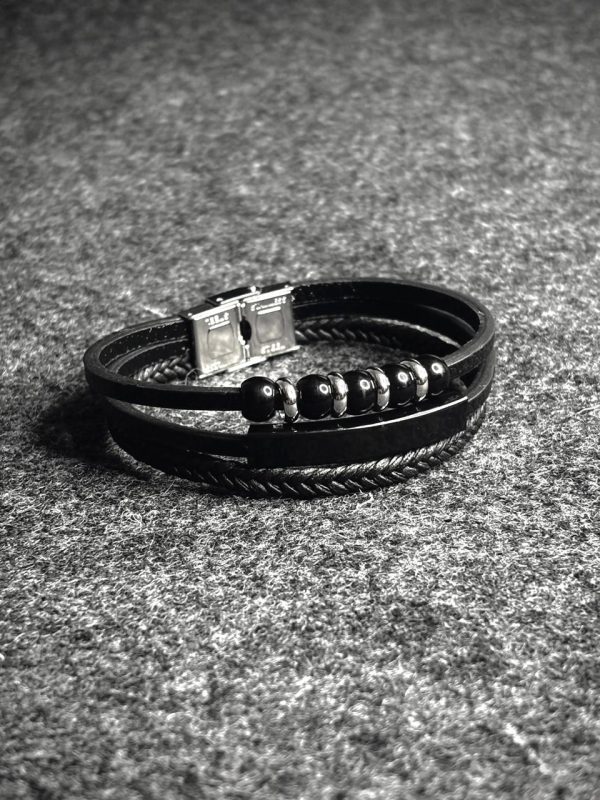 3 layer black leather bracelet with bead accents ( black bar )