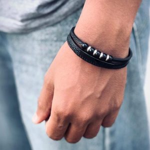 3 layer black leather bracelet with bead accents ( black bar )