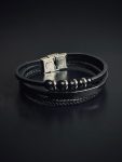 3 layer black leather bracelet with bead accents ( black bar )