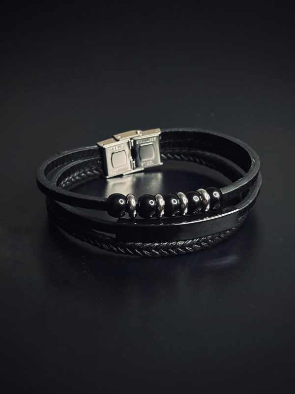 3 layer black leather bracelet with bead accents ( black bar )