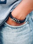 3 layer black leather bracelet with bead accents ( silver bar )