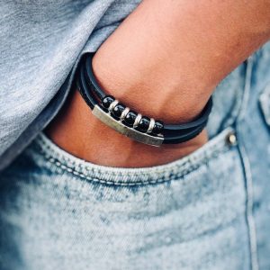 3 layer black leather bracelet with bead accents ( silver bar )