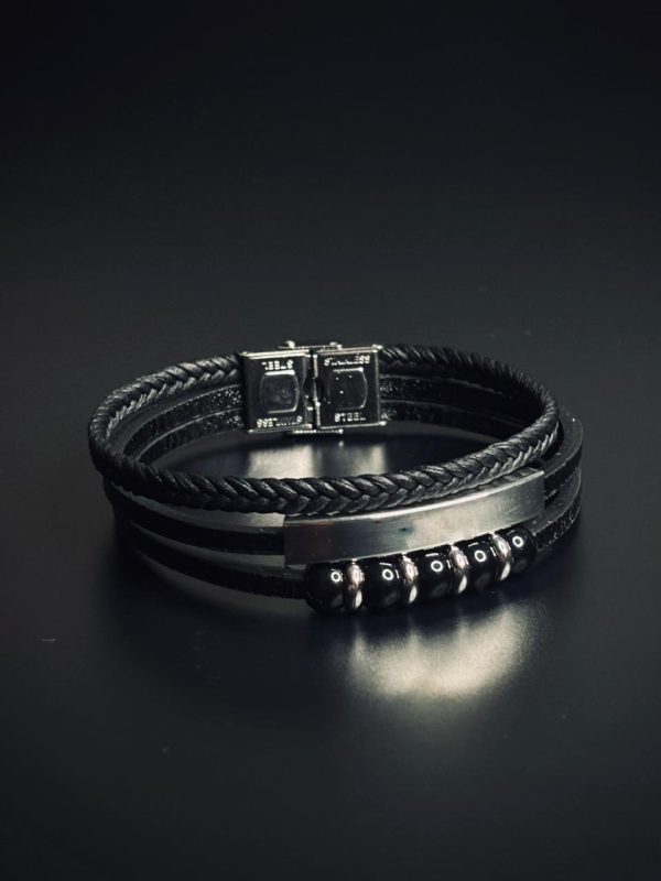 3 layer black leather bracelet with bead accents ( silver bar )