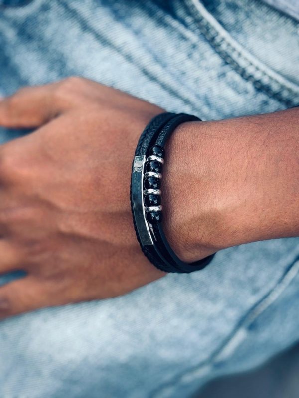 3 layer black leather bracelet with bead accents ( silver bar )
