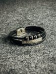 3 layer black leather bracelet with bead accents ( silver bar )