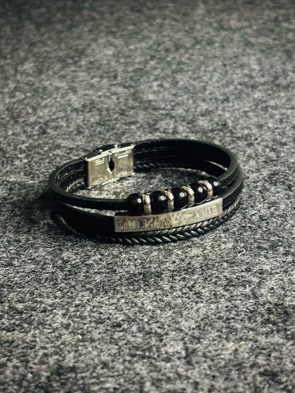 3 layer black leather bracelet with bead accents ( silver bar )