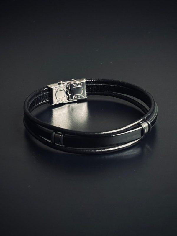 3 Layer Simple Leather Bracelet with Black metal bar