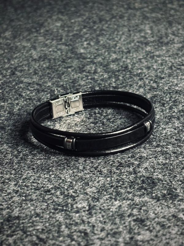 3 Layer Simple Leather Bracelet with Black metal bar
