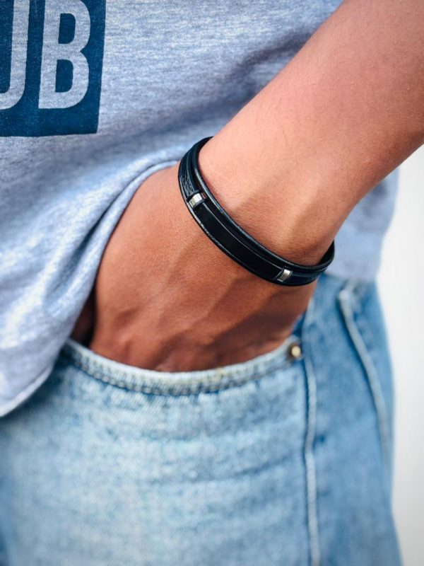 3 Layer Simple Leather Bracelet with Black metal bar